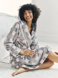 Chelsea Peers Cream Fleece Check Hooded Dressing Gown