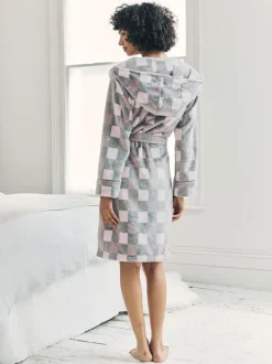 Chelsea Peers Cream Fleece Check Hooded Dressing Gown