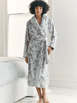 Chelsea Peers Cream Fleece Burnout Ribbon Bow Long Dressing Gown