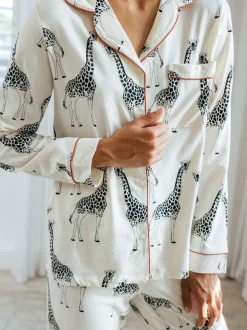 Chelsea Peers Cream Giraffe Button Up Long Pyjama Set