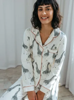 Chelsea Peers Cream Giraffe Button Up Long Pyjama Set