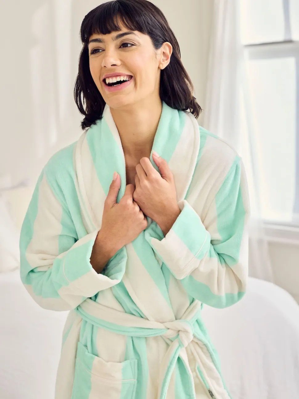 Chelsea Peers Green Cotton Towelling Stripe Dressing Gown