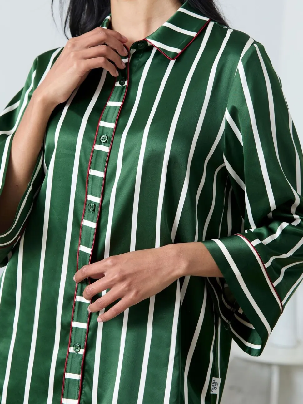 Chelsea Peers Green Satin Stripe Long Pyjamas Set