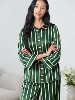 Chelsea Peers Green Satin Stripe Long Pyjamas Set