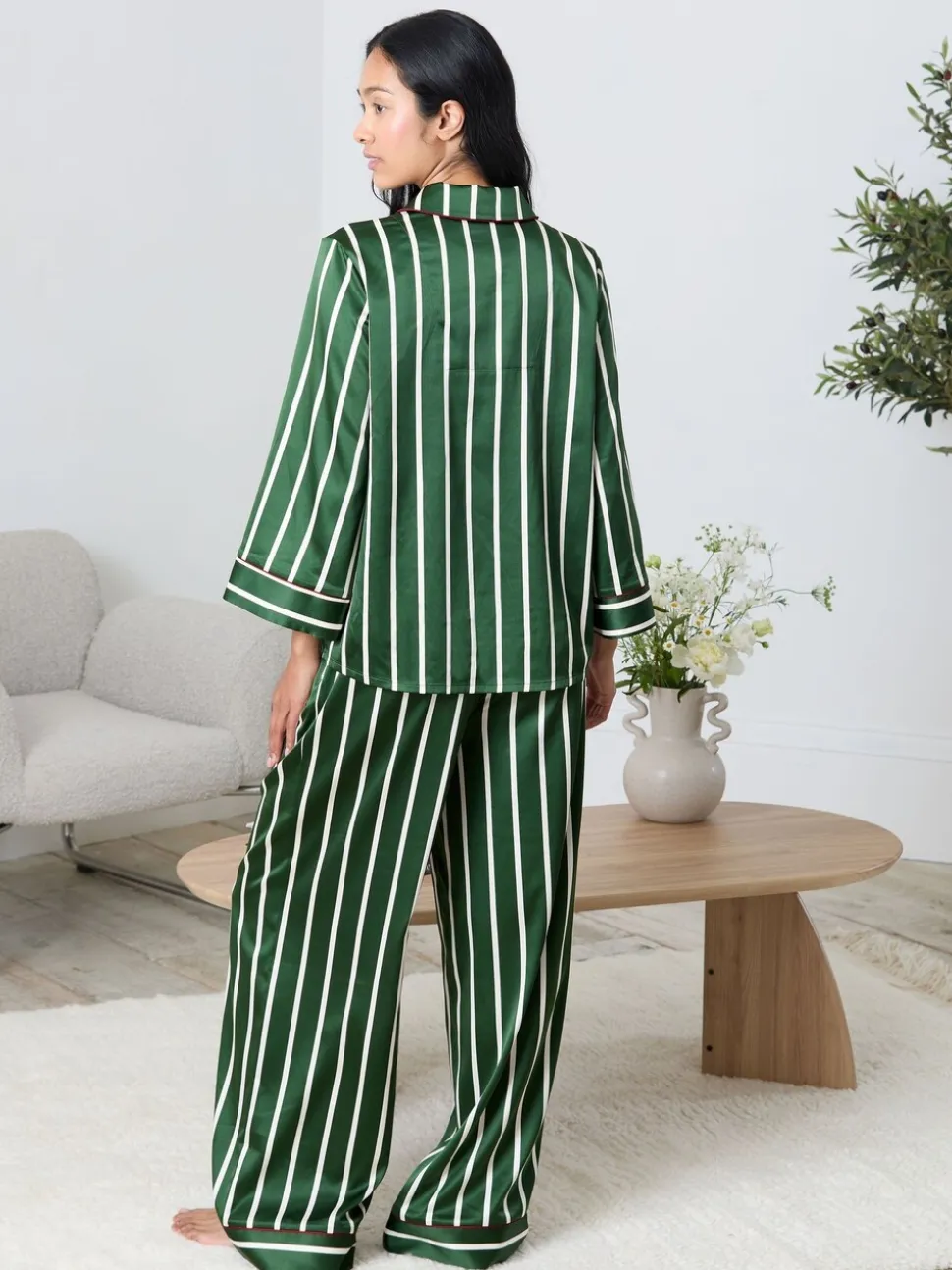 Chelsea Peers Green Satin Stripe Long Pyjamas Set