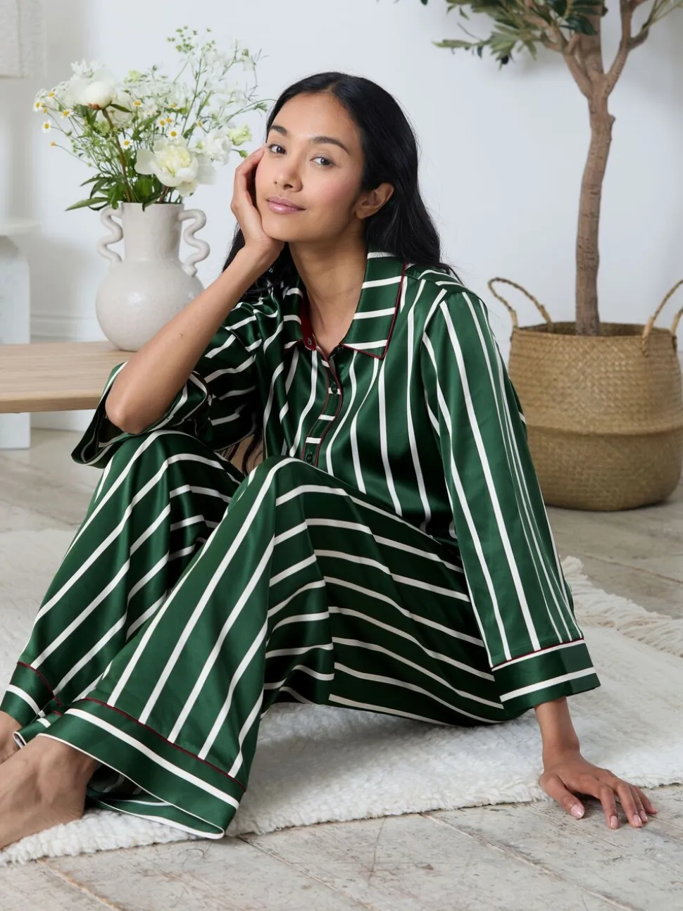 Chelsea Peers Green Satin Stripe Long Pyjamas Set