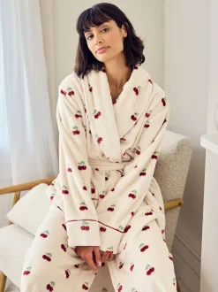 Chelsea Peers Natural Fleece Cherry Print Long Dressing Gown
