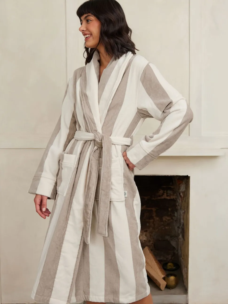 Chelsea Peers Natural Fleece Stripe Dressing Gown