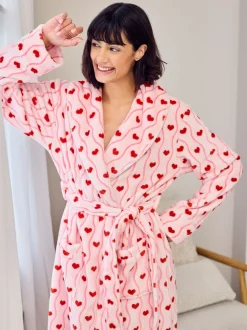 Chelsea Peers Pink Fleece Wavy Stripe Heart Print Long Dressing Gown