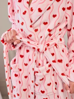 Chelsea Peers Pink Fleece Wavy Stripe Heart Print Long Dressing Gown