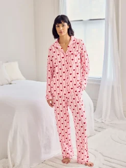 Chelsea Peers Pink Wavy Stripe Heart Print Long Pyjamas Set