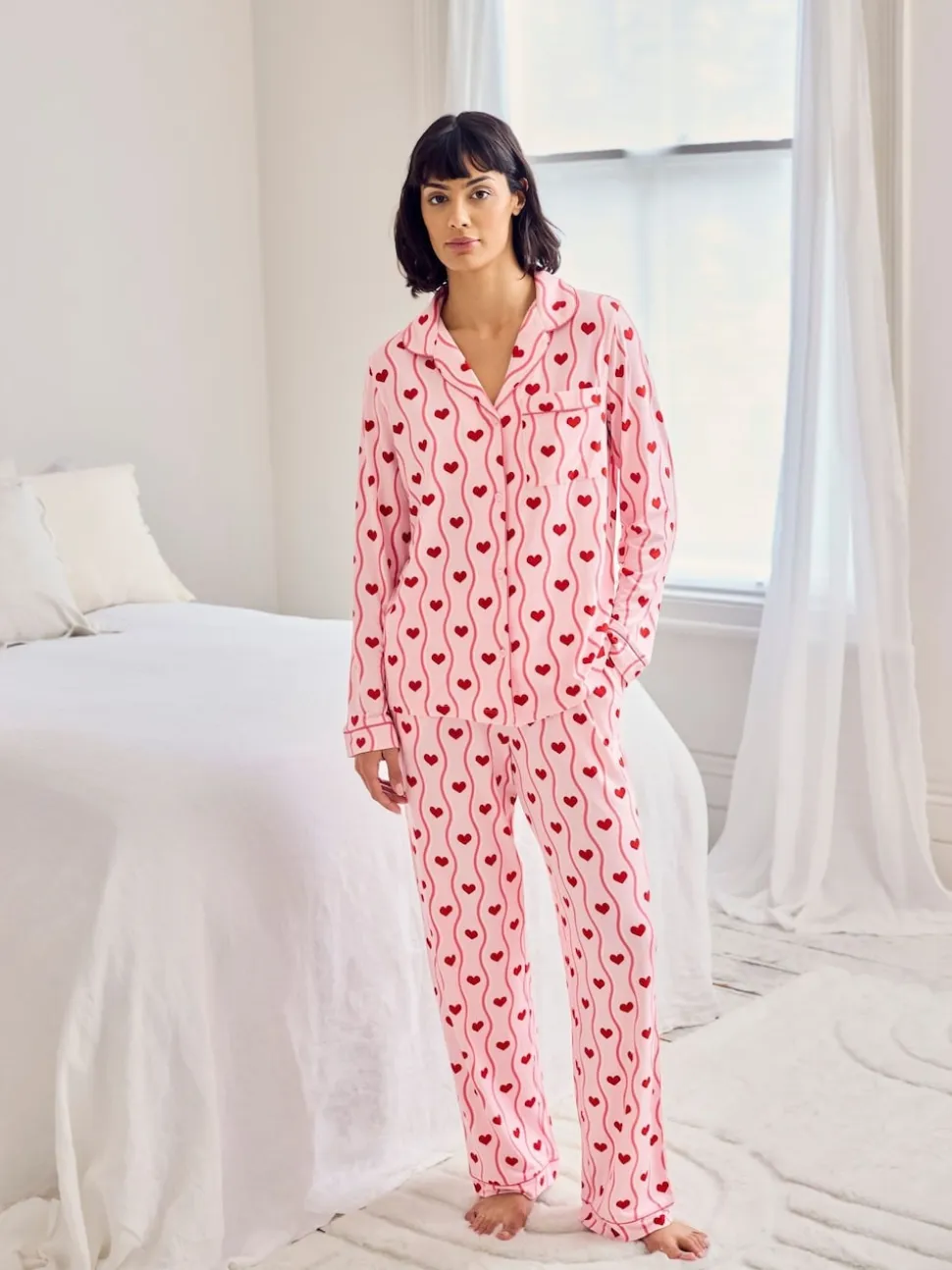 Chelsea Peers Pink Wavy Stripe Heart Print Long Pyjamas Set