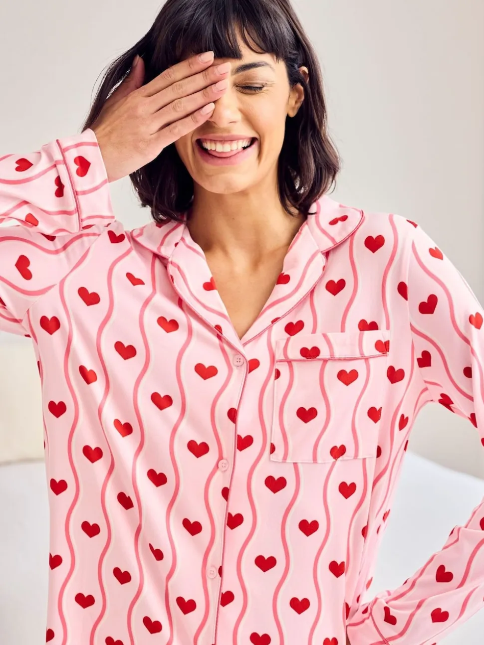 Chelsea Peers Pink Wavy Stripe Heart Print Long Pyjamas Set