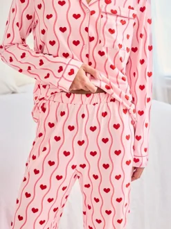 Chelsea Peers Pink Wavy Stripe Heart Print Long Pyjamas Set