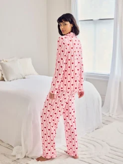 Chelsea Peers Pink Wavy Stripe Heart Print Long Pyjamas Set