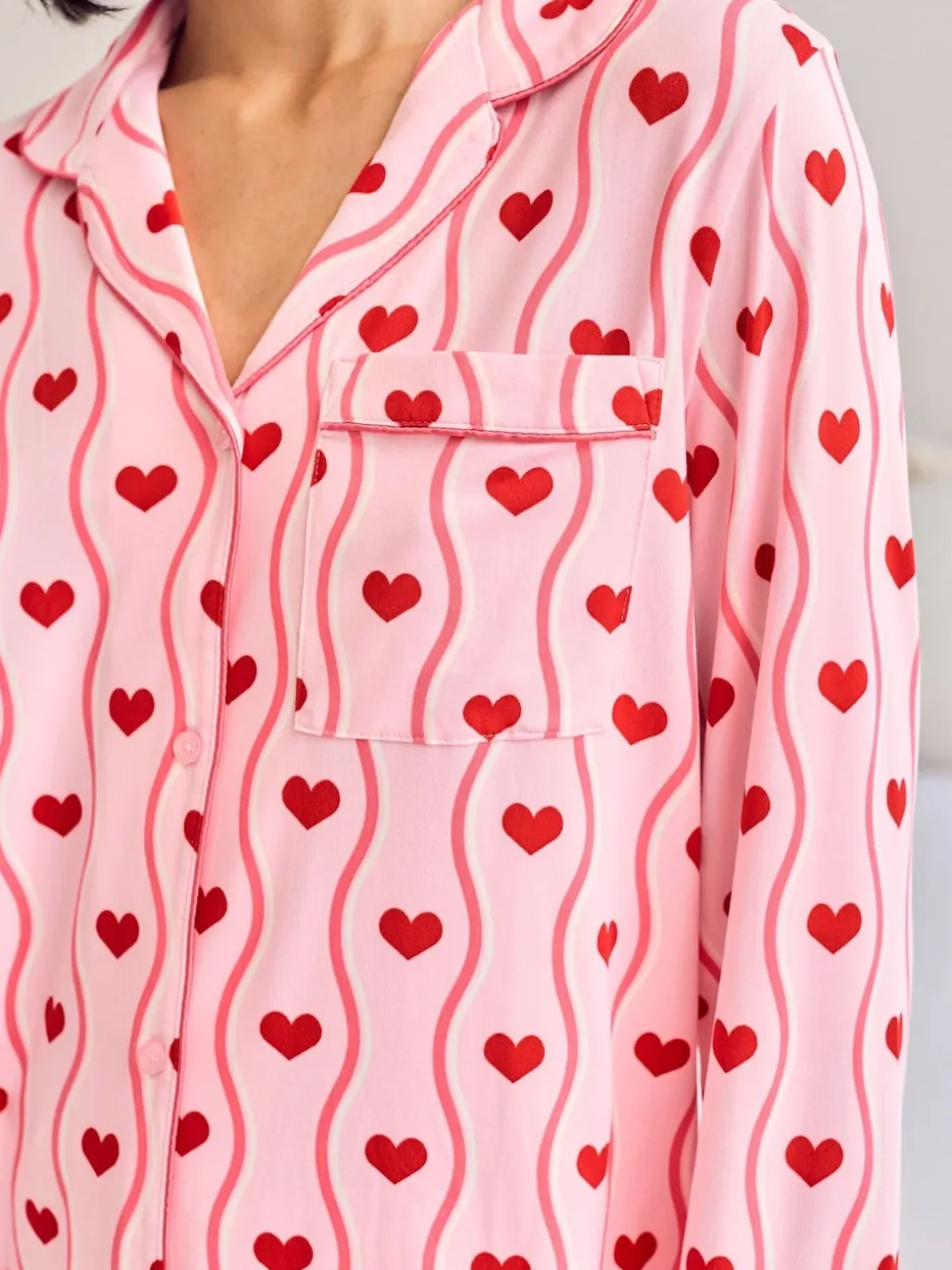 Chelsea Peers Pink Wavy Stripe Heart Print Long Pyjamas Set