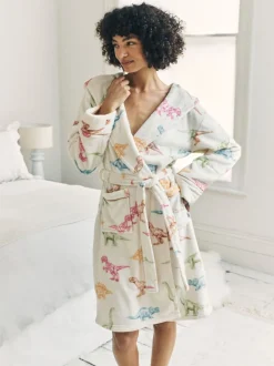Chelsea Peers White Fleece Dinosaur Print Dressing Gown