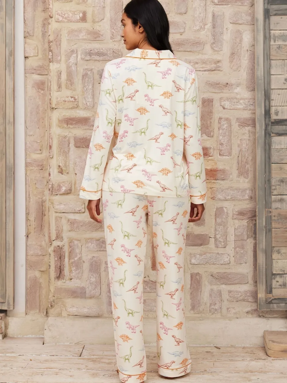 Chelsea Peers White Trouser Pyjamas Dinosaur Print Long Pyjama Set