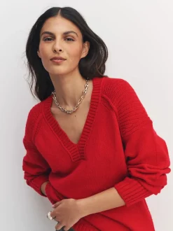 Cherry Red Cotton And Wool Blend Longline V-Neck Jumper