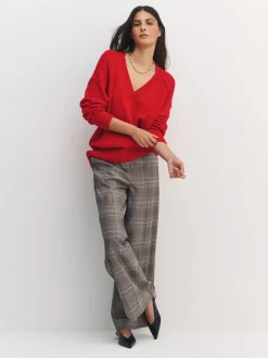 Cherry Red Cotton And Wool Blend Longline V-Neck Jumper