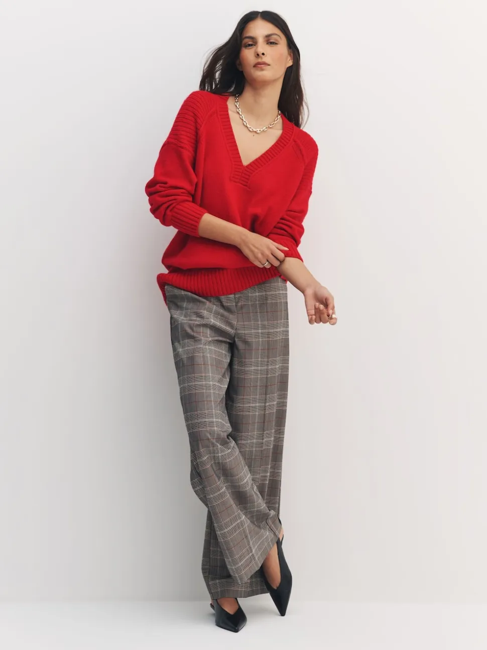 Cherry Red Cotton And Wool Blend Longline V-Neck Jumper