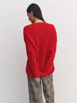 Cherry Red Cotton And Wool Blend Longline V-Neck Jumper