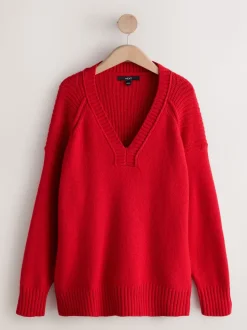 Cherry Red Cotton And Wool Blend Longline V-Neck Jumper