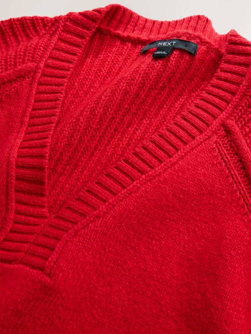 Cherry Red Cotton And Wool Blend Longline V-Neck Jumper
