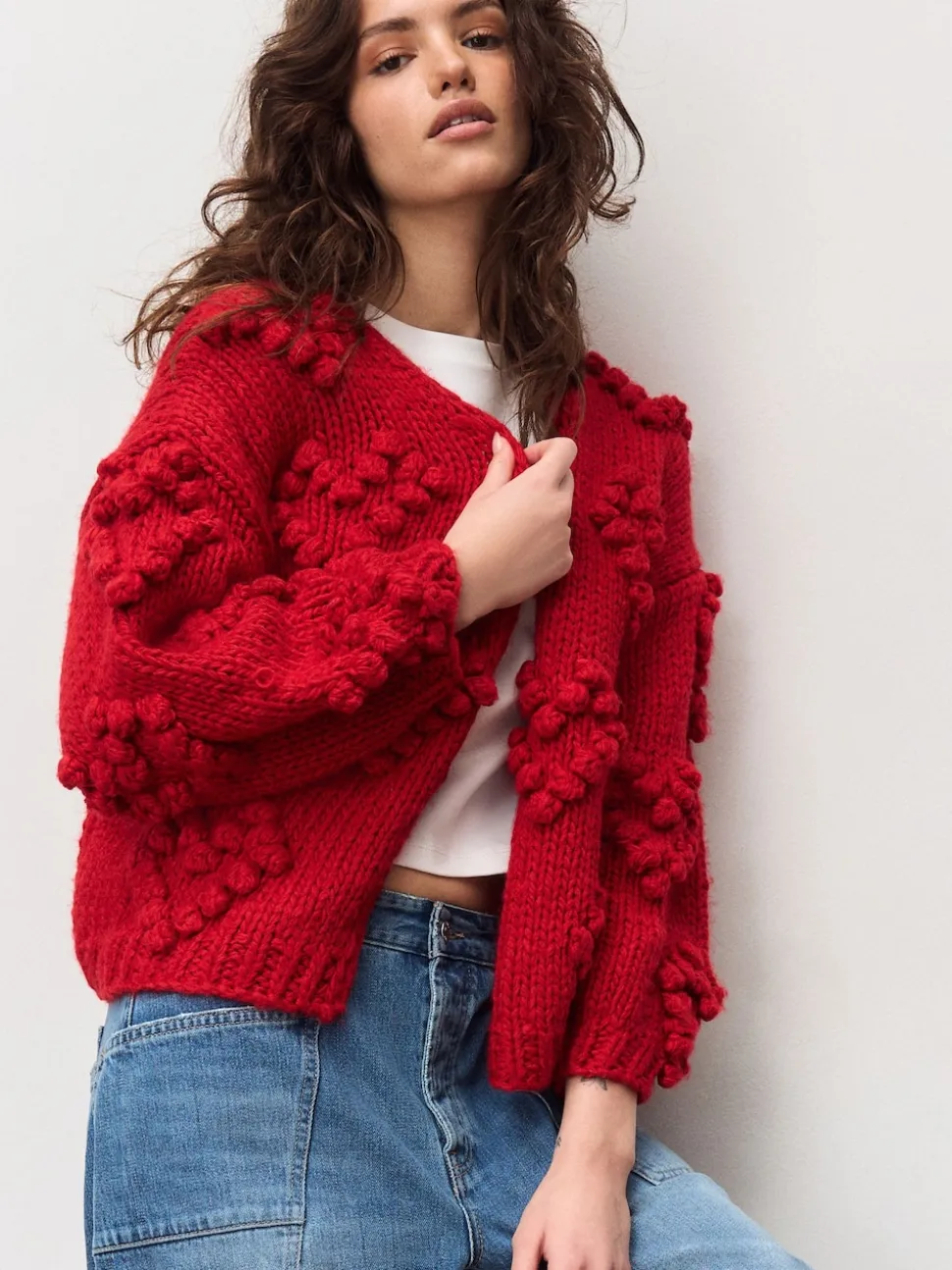 Cherry Red Hand Stitch Heart Detail Cardigan