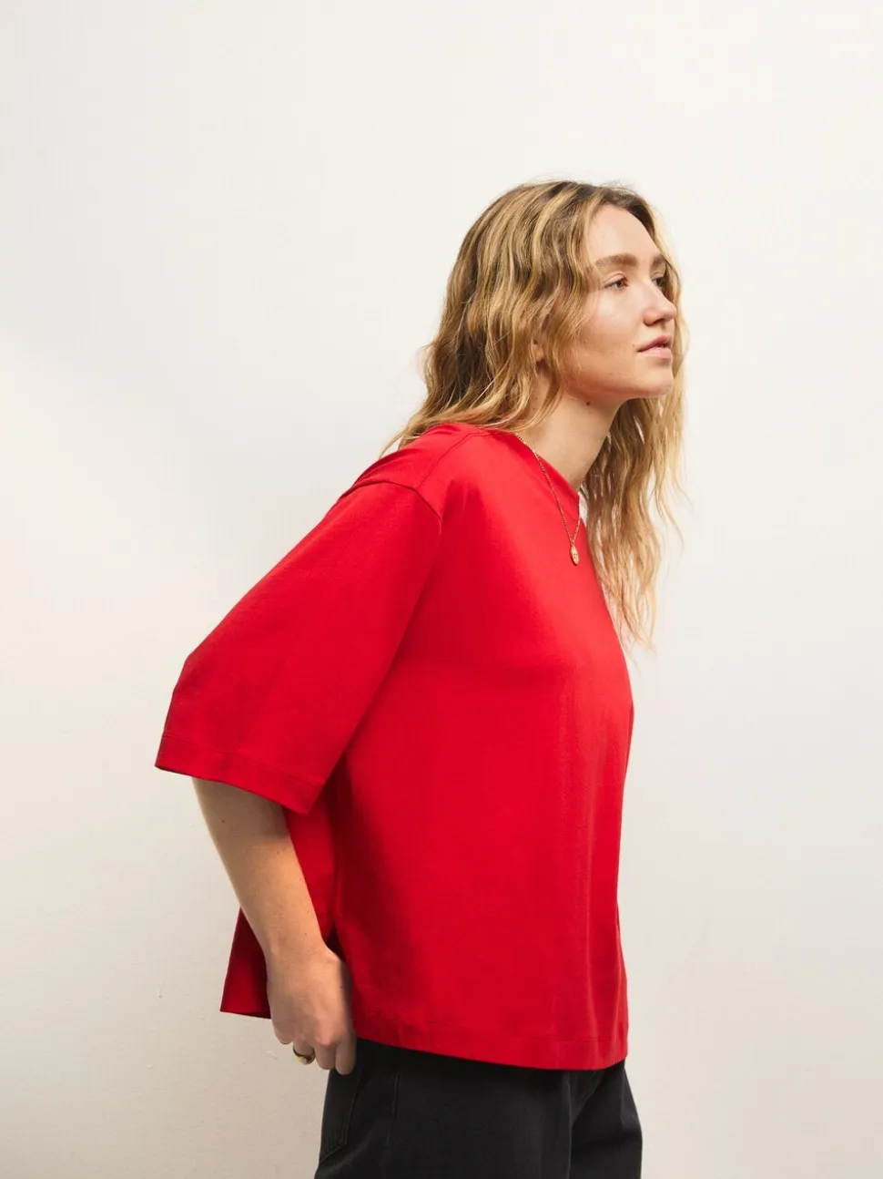 Cherry Red Relaxed Boxy Elbow Length Crew Neck T-Shirt