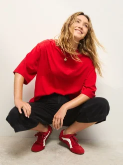 Cherry Red Relaxed Boxy Elbow Length Crew Neck T-Shirt