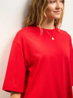 Cherry Red Relaxed Boxy Elbow Length Crew Neck T-Shirt