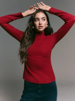 Cherry Red Ribbed High Neck Long Sleeve T-Shirt