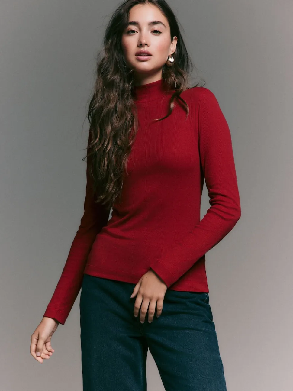 Cherry Red Ribbed High Neck Long Sleeve T-Shirt