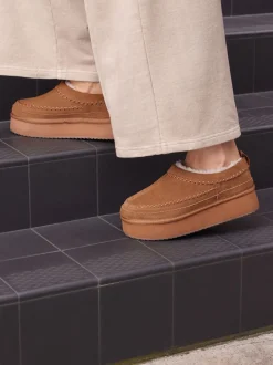 Chestnut Brown Leather Cosy Borg Lined Slip-On Shoes
