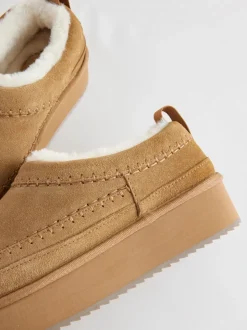 Chestnut Brown Leather Cosy Borg Lined Slip-On Shoes