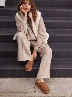 Chestnut Brown Leather Cosy Borg Lined Slip-On Shoes