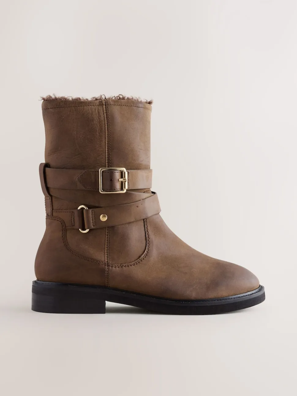 Chestnut Brown Oiled Leather Forever Comfort® Borg Lined Buckle Trim Ankle Boots