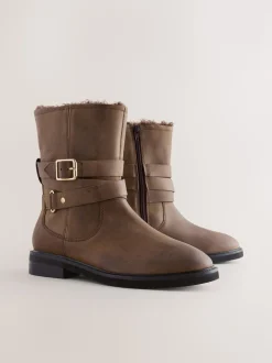 Chestnut Brown Oiled Leather Forever Comfort® Borg Lined Buckle Trim Ankle Boots