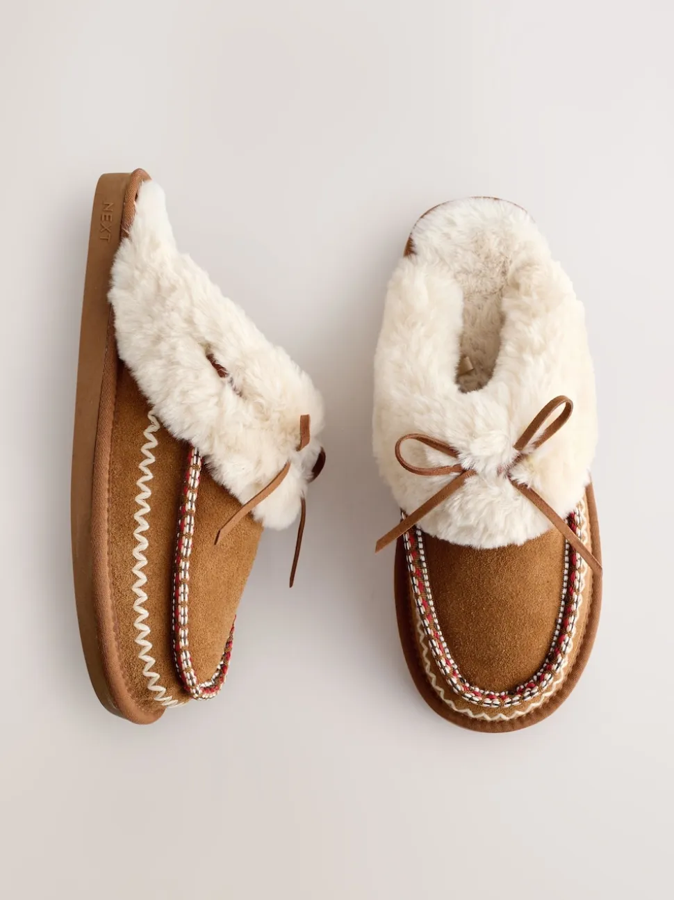 Chestnut Brown Stitch Suede Faux Fur Lined Mule Slippers