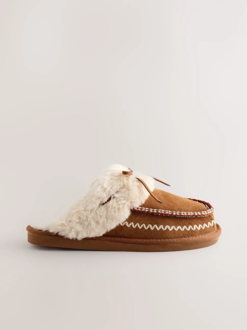 Chestnut Brown Stitch Suede Faux Fur Lined Mule Slippers