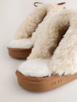 Chestnut Brown Stitch Suede Faux Fur Lined Mule Slippers