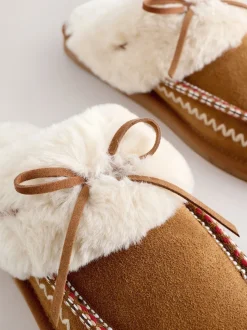 Chestnut Brown Stitch Suede Faux Fur Lined Mule Slippers