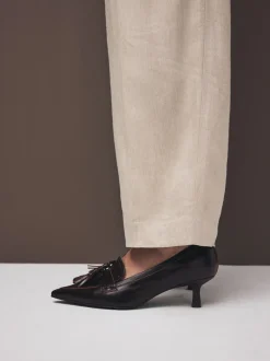 Choc Brown Premium Leather With Motionflex Point Toe Tassel Heels Loafers