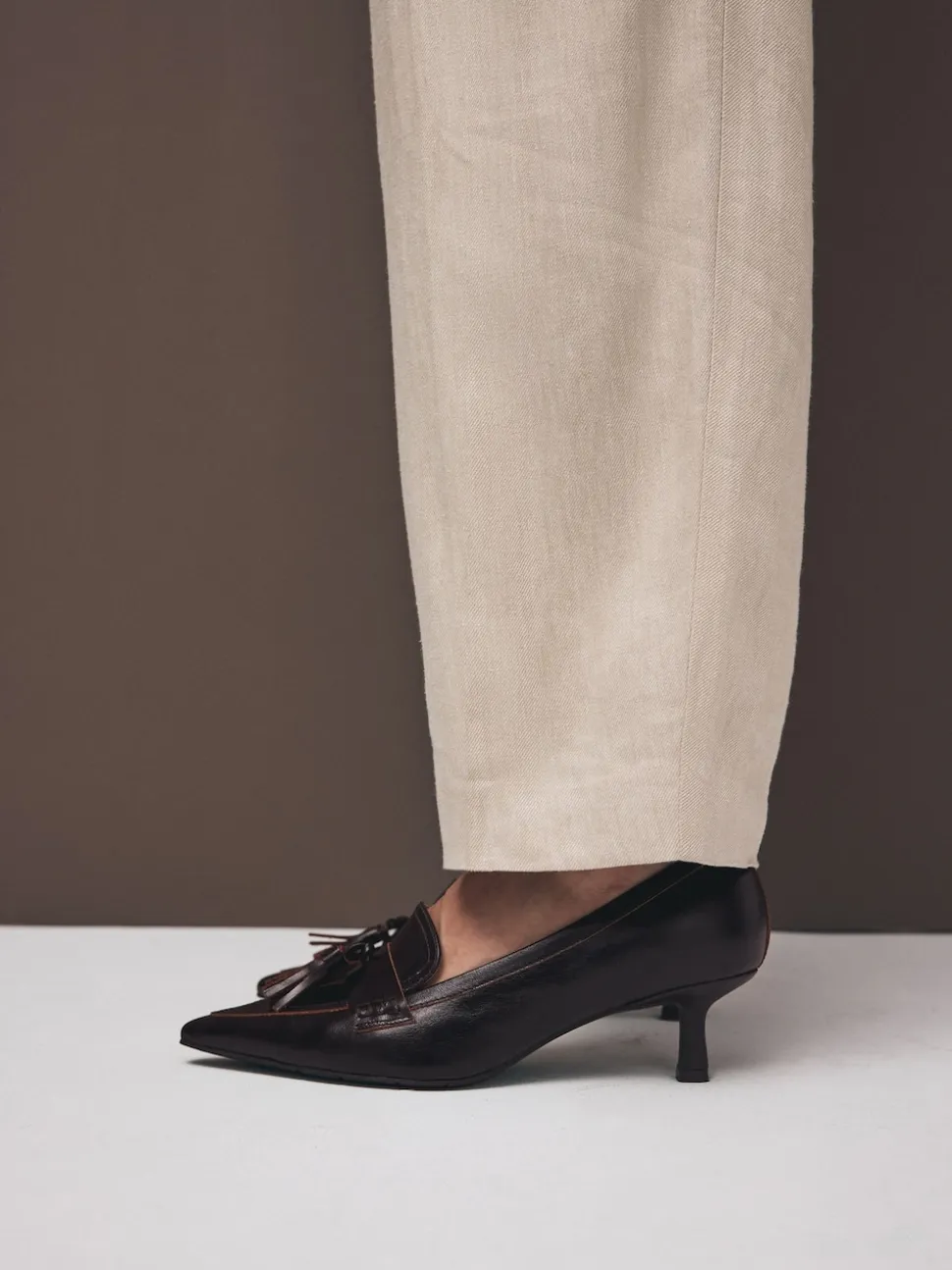 Choc Brown Premium Leather With Motionflex Point Toe Tassel Heels Loafers