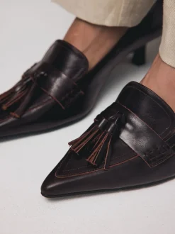 Choc Brown Premium Leather With Motionflex Point Toe Tassel Heels Loafers