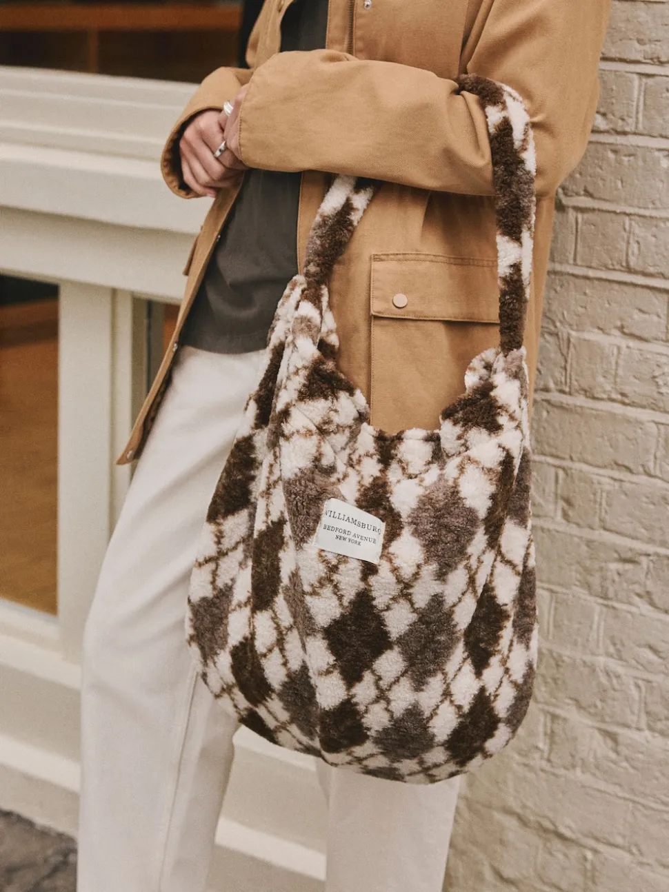 Chocolate Brown Borg Argyle Shoulder Bag