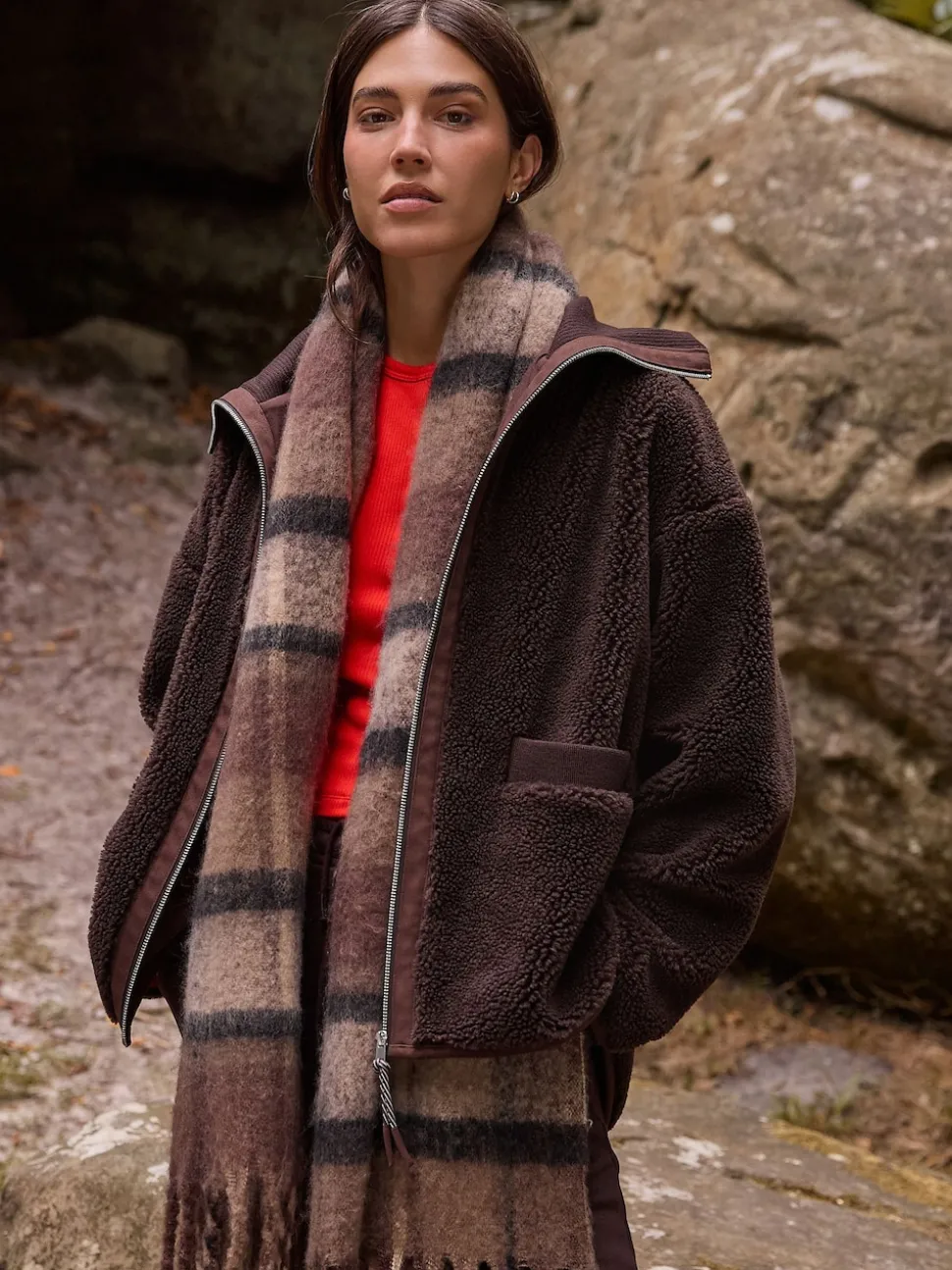 Chocolate Brown Borg Zip Through Fleece With Rib Collar