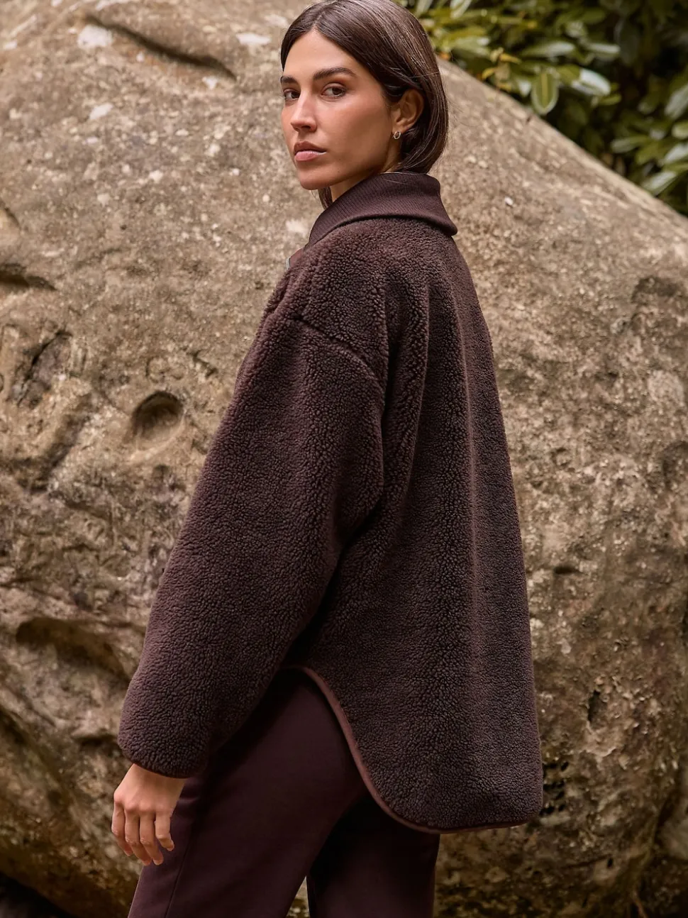 Chocolate Brown Borg Zip Through Fleece With Rib Collar