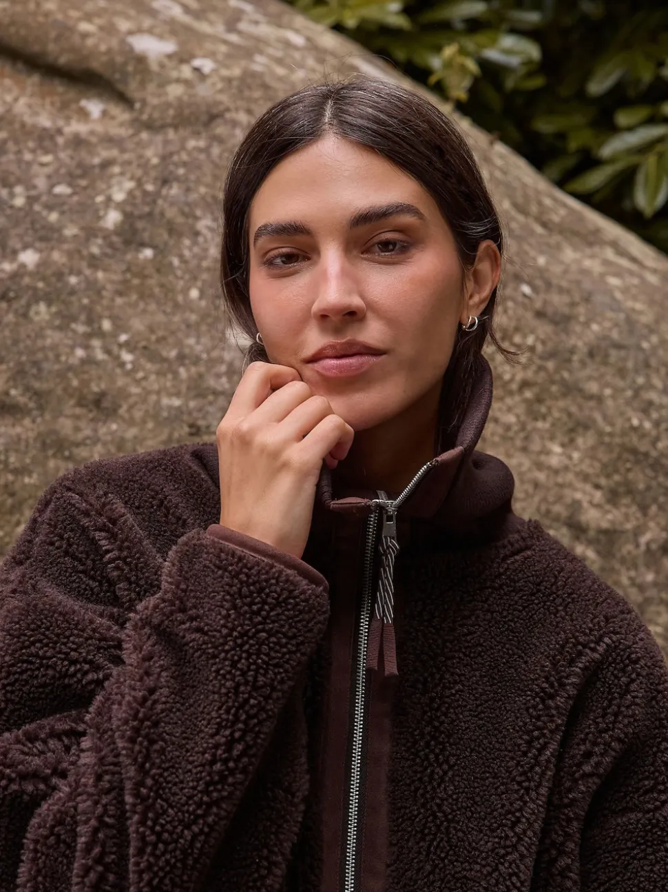 Chocolate Brown Borg Zip Through Fleece With Rib Collar